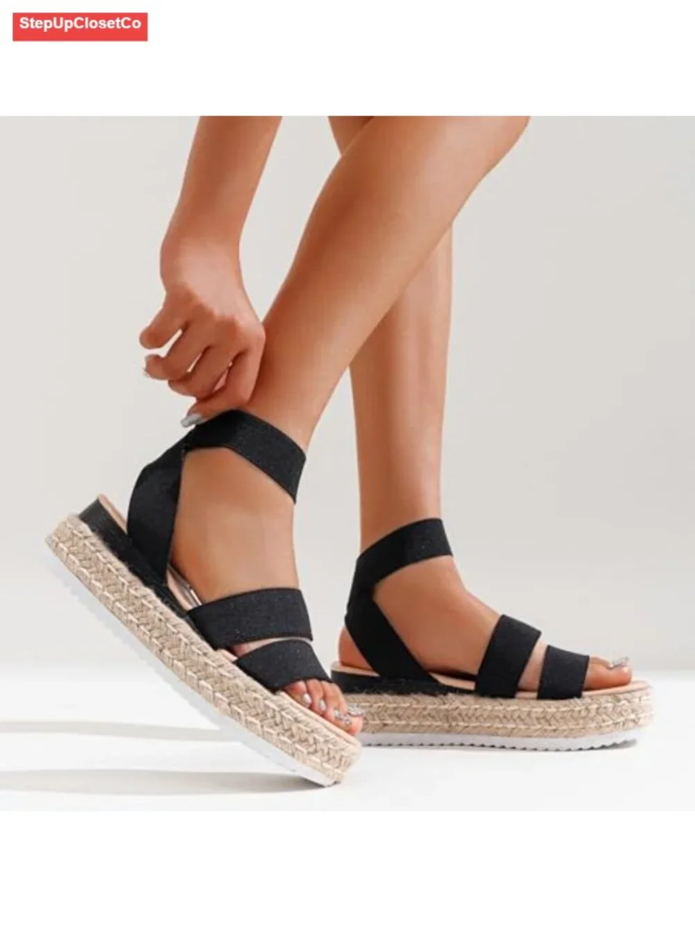Women's Platform Wedge Sandals, Triple Elastic Strap, Open Toe Espadrille